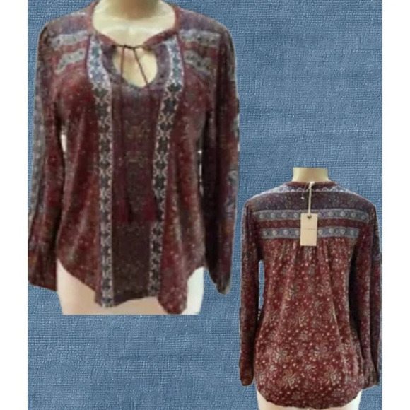 Lucky Brand S Rust Print Tie Tassel Neck Stud Detail Curved Hem Long Sleeve Top - Picture 1 of 6